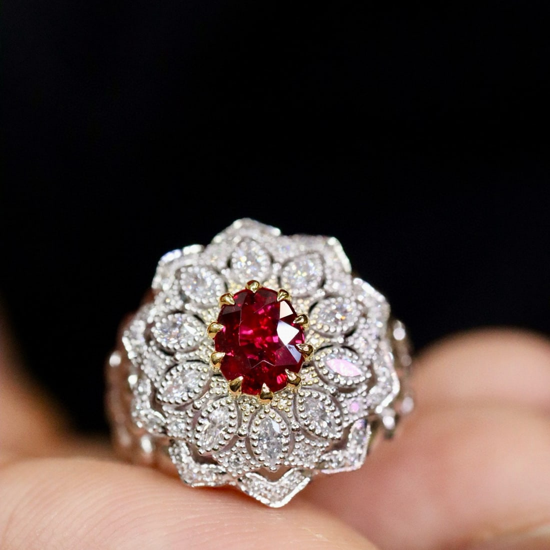 14k Gold 1.10 Ctw Natural Ruby & Diamond Ring: Ref:231008001 // gold content:14k gold // ring size:7. 25us // // main gemstone:ruby // shape:oval // carat weight:0. 97ct // color:red // treatment:natural // // adjacent gemstone 2 : diamond //
