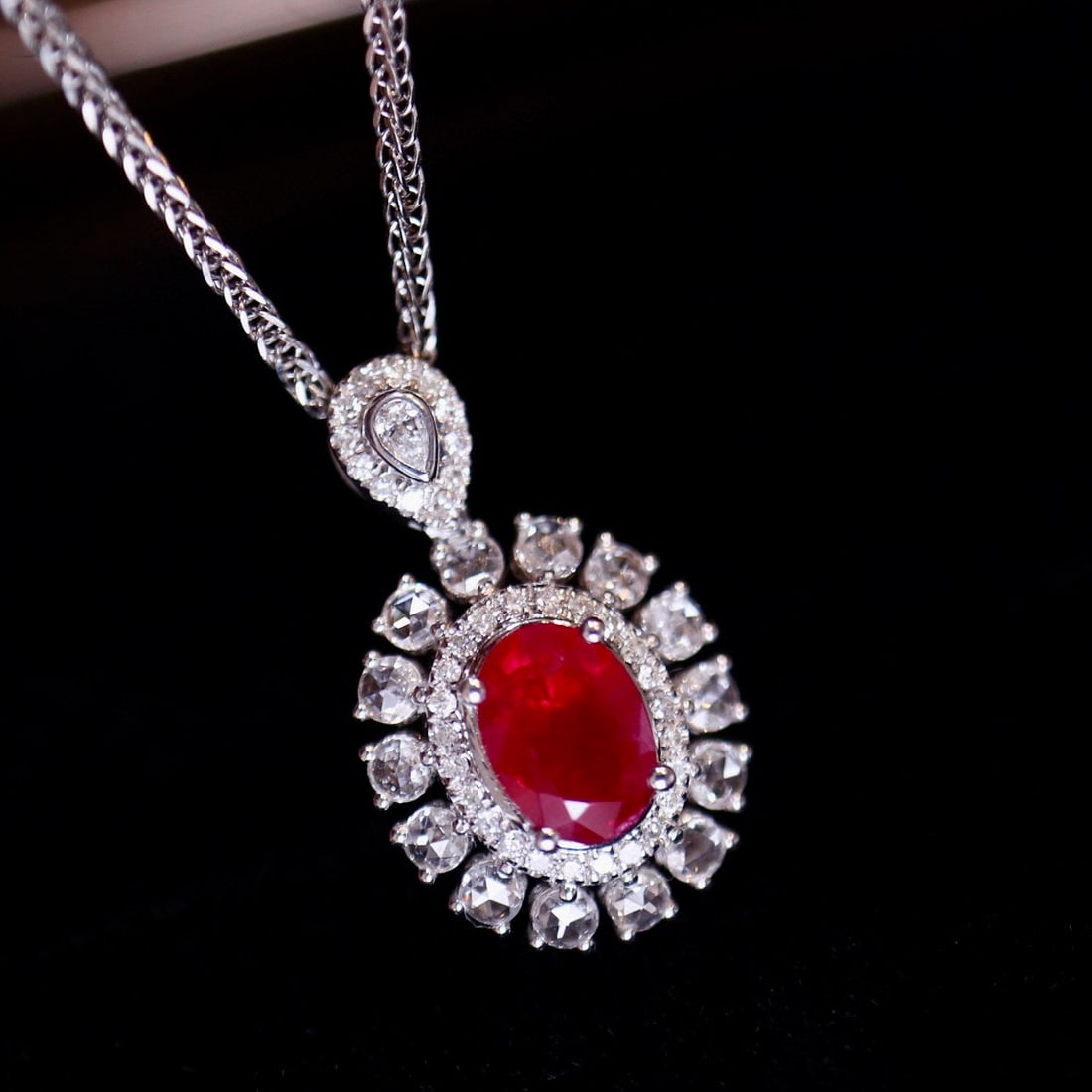 14k Gold 1.01 Ct Natural Ruby & Diamond Pendant( Without Chain ): Ref:231008008 // gold content:14k gold // main gemstone:ruby // shape:oval // carat weight:1. 01ct // color:red // treatment:natural // // adjacent gemstone 2 : diamond // number of stones:51 // shape
