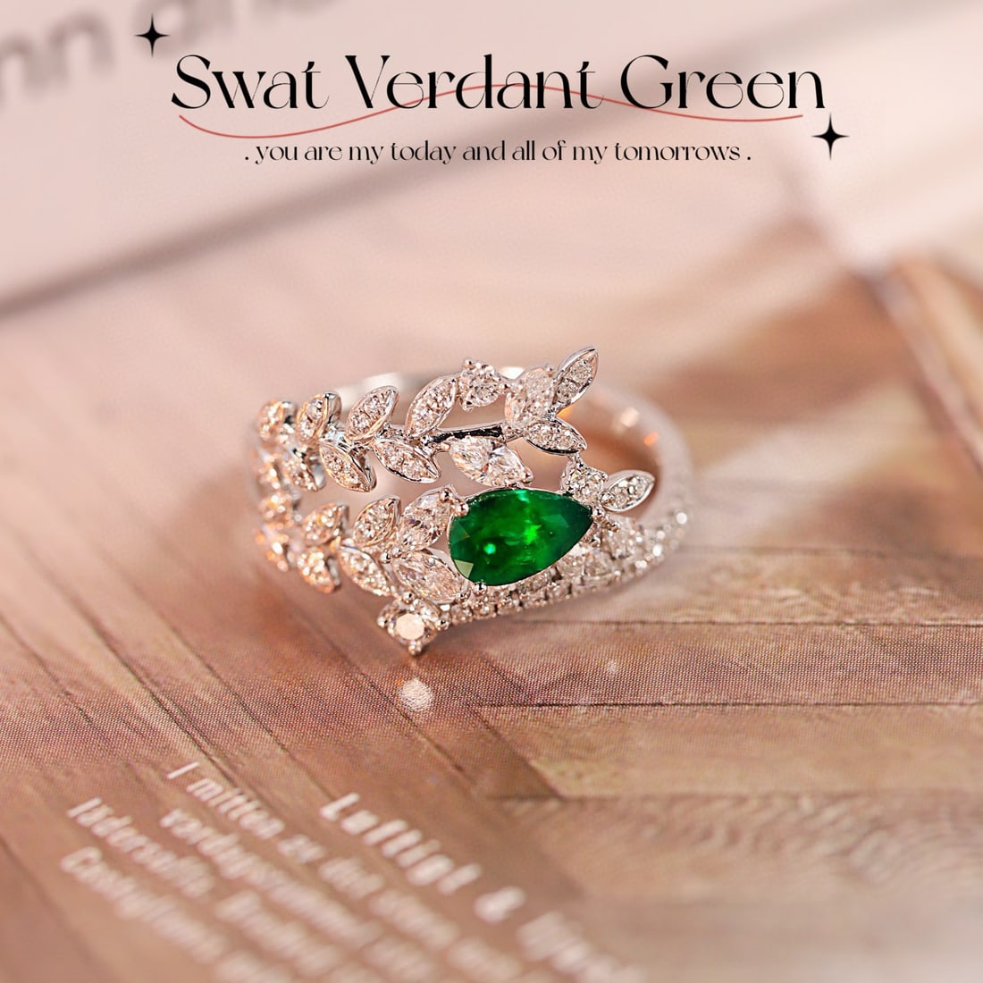 14k Gold 1.03 Ctw Vivid Green Natural Emerald & Diamond Ring: Ref:231008011 // gold content:14k gold // ring size:7. 25us // // main gemstone:emerald // shape:pear // carat weight:0. 43ct // color:vivid green // treatment:natural // // adjacent gemstone 2 :
