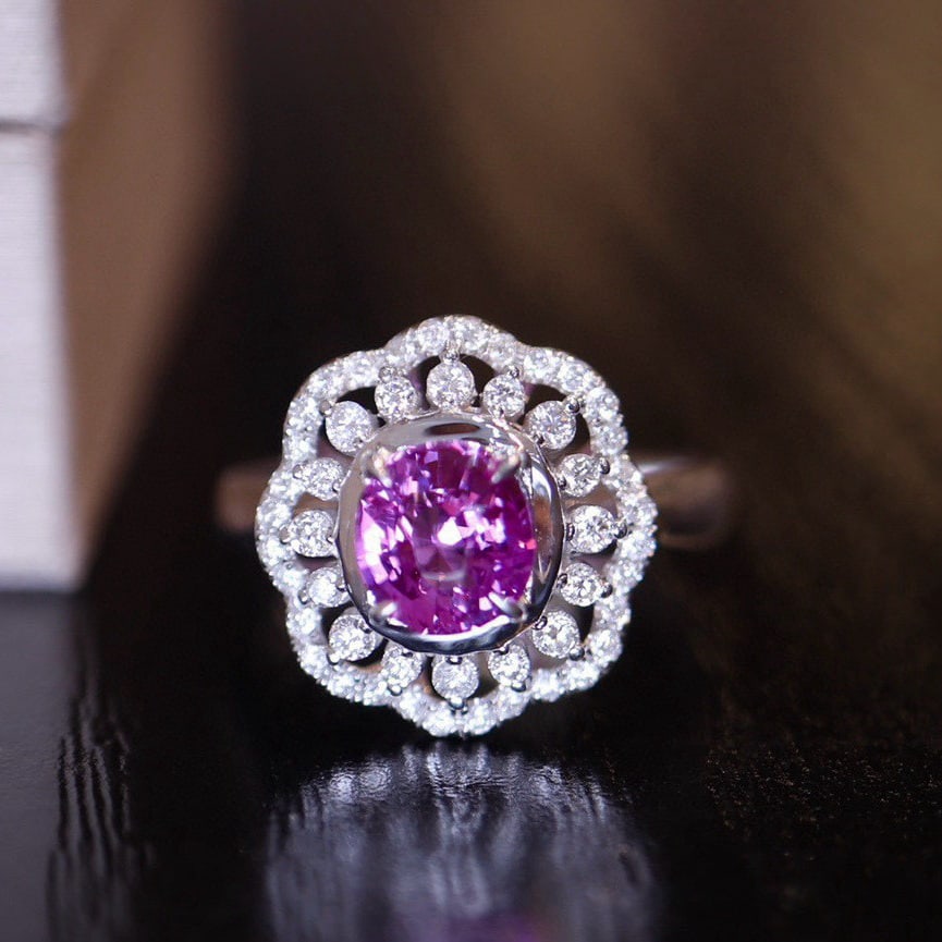 14k Gold 1.28 Ct Natural Sapphire & Diamond Ring: Ref:231008013 // gold content:14k gold // ring size:7. 25us // // main gemstone:sapphire // shape:oval // carat weight:1. 28ct // color:purple // treatment:natural // // adjacent gemstone 2 : diamond