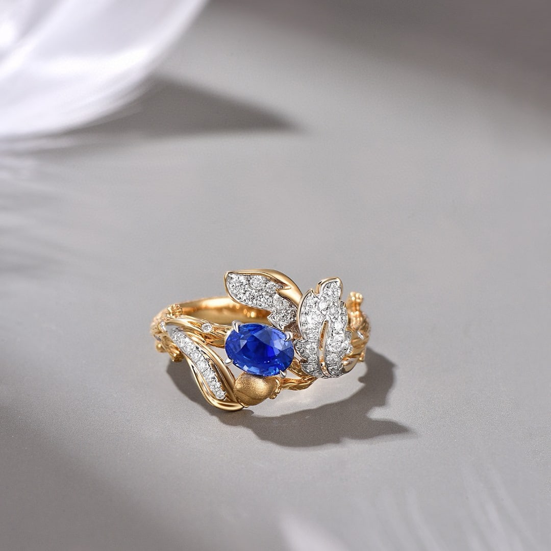 14k Gold 1.17 Ct Natural Sapphire & Diamond Ring: Ref:231008028 // gold content:14k gold // ring size:7. 25us // // main gemstone:sapphire // shape:oval // carat weight:1. 17ct // color:royal blue // treatment:natural // // adjacent gemstone 2 :