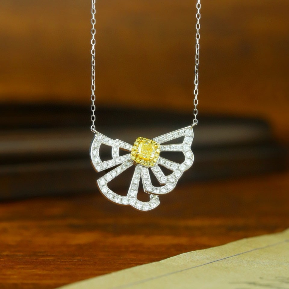 14k Gold 0.84 Ctw Natural Yellow Diamond & Diamond Necklace: Ref:231008050 // gold content:14k gold // main gemstone:yellow diamond // shape:cushion // carat weight:0. 24ct // color:yellow // treatment:natural // // adjacent gemstone 2 : diamond // shape:round