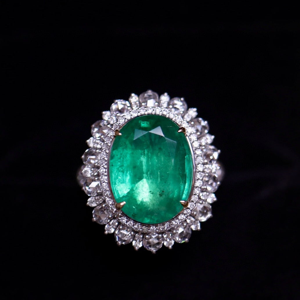 14k Gold 5.15 Ct Natural Emerald & Diamond Ring: Ref:231008051 // gold content:14k gold // ring size:7. 25us // // main gemstone:emerald // shape:oval // carat weight:5. 15ct // color:green // treatment:natural // // adjacent gemstone 2 : diamond //