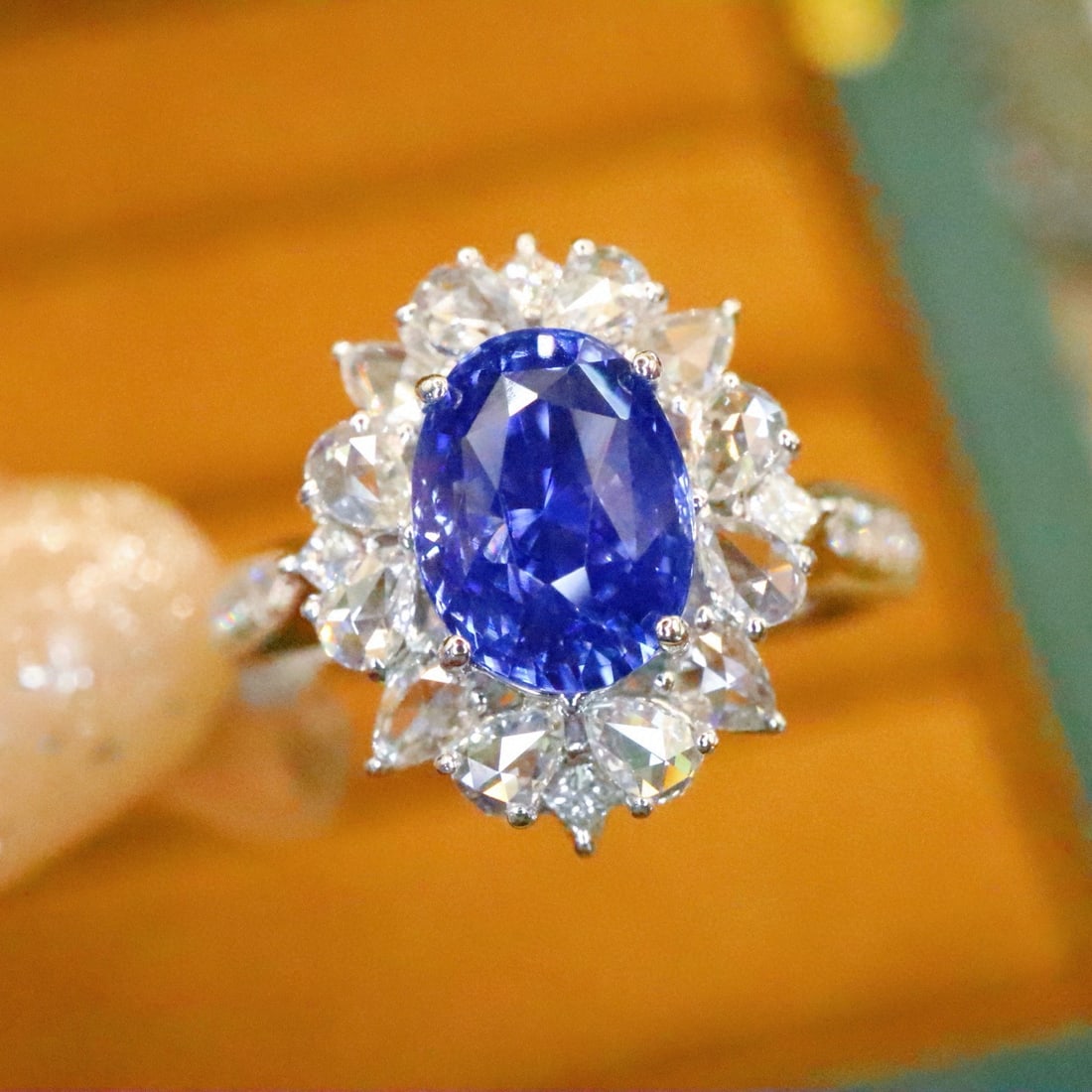 14k Gold 2.61 Ctw Natural Sapphire & Diamond Ring: Ref:231008084 // gold content:14k gold // ring size:7. 25us // // main gemstone:sapphire // shape:oval // carat weight:2. 03ct // color:royal blue // treatment:natural // // adjacent gemstone 2 :