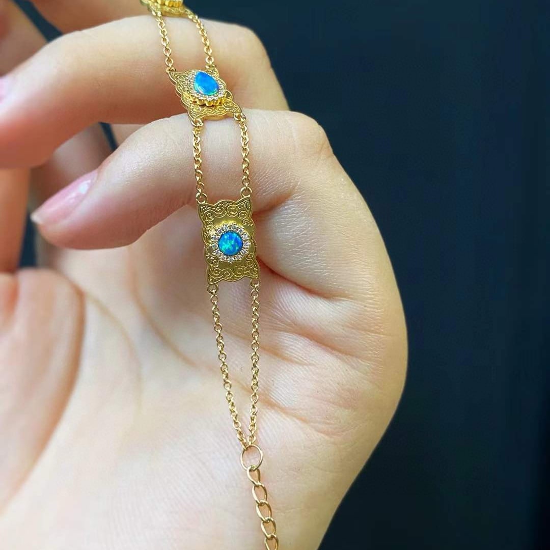14k Gold 0.8 Ctw Natural Opal & Diamond Bracelet - 6