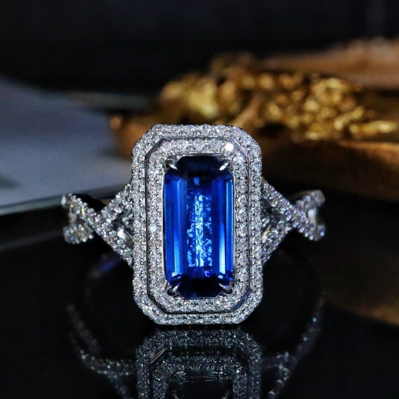 14k Gold 1.42 Ctw Natural Sapphire & Diamond Ring: Ref:231008111 // gold content:14k gold // ring size:7. 25us // // main gemstone:sapphire // shape:octagonal // carat weight:1. 1ct // color:royal blue // treatment:natural // // adjacent gemstone 2 :