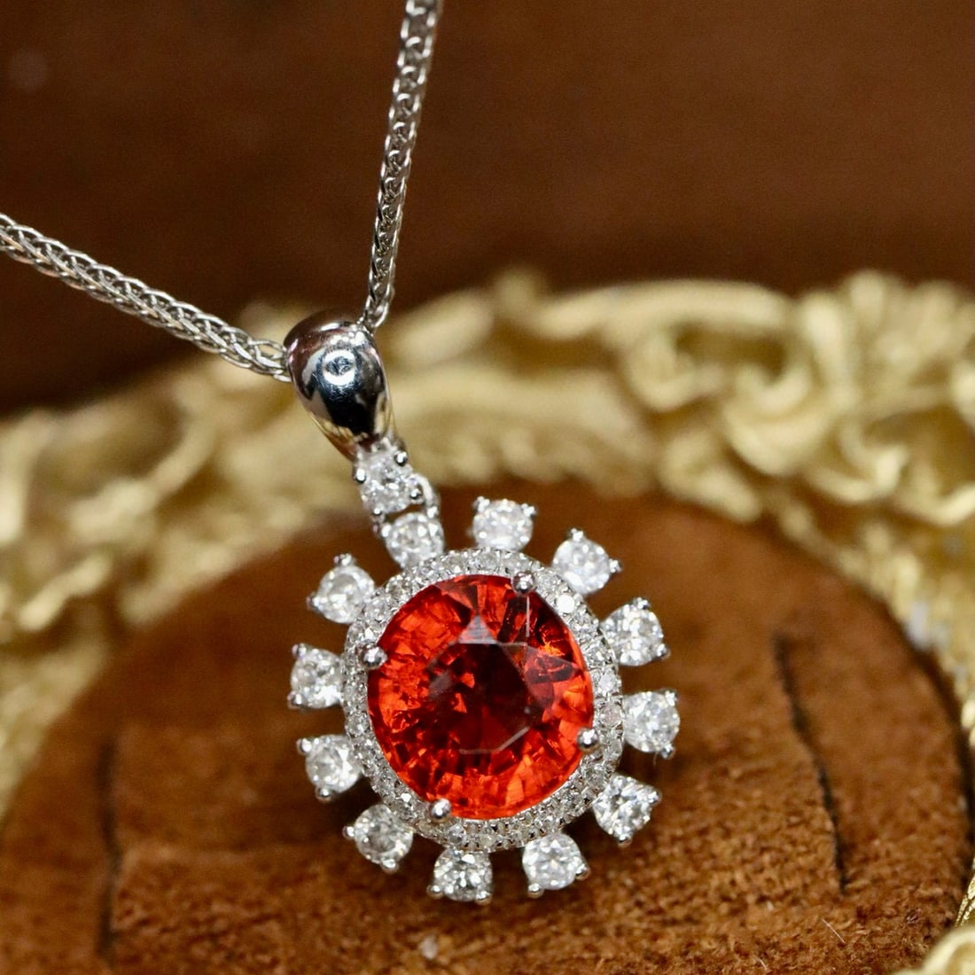14k Gold 2.09 Ctw Natural Spessartine & Diamond Pendant( Without Chain ): Ref:231008112 // gold content:14k gold // main gemstone:spessartine // shape:oval // carat weight:1. 75ct // color:orange // treatment:natural // // adjacent gemstone 2 : diamond // shape:round //