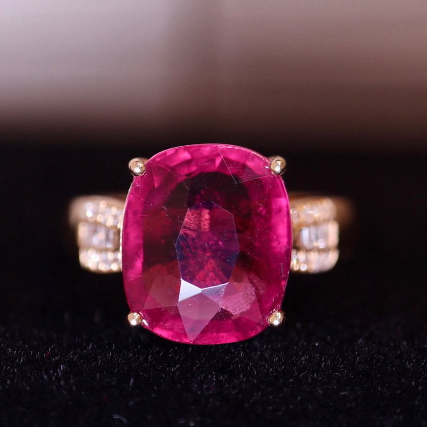 14k Gold 5.56 Ct Natural Tourmaline & Diamond Ring: Ref:231008117 // gold content:14k gold // ring size:7. 25us // // main gemstone:tourmaline // shape:cushion // carat weight:5. 56ct // color:red // treatment:natural // // adjacent gemstone 2 :