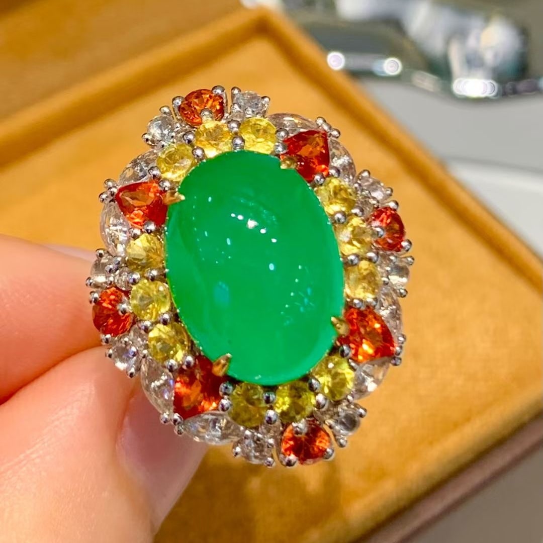 14k Gold 5.9 Ct Vivid Green Natural Emerald & Diamond & Sapphire Ring: Ref:231008130 // gold content:14k gold // ring size:7. 25us // // main gemstone:emerald // shape:oval // carat weight:5. 9ct // color:vivid green // treatment:natural // // adjacent gemstone 2 :