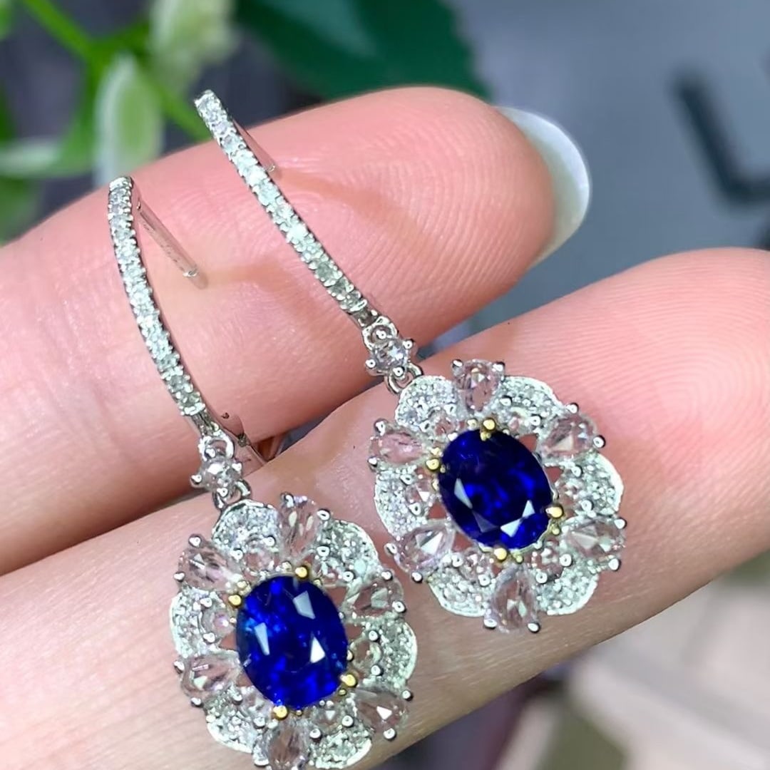 14k Gold 1.05 Ct Natural Sapphire & Diamond & Sapphire Earrings - 2