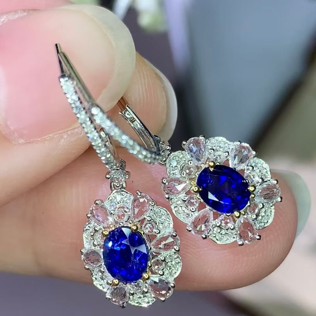 14k Gold 1.05 Ct Natural Sapphire & Diamond & Sapphire Earrings - 3