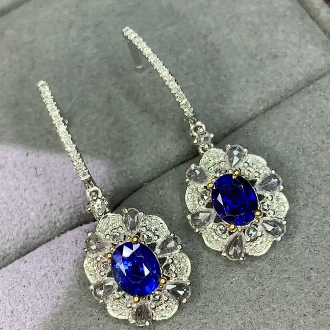 14k Gold 1.05 Ct Natural Sapphire & Diamond & Sapphire Earrings - 4