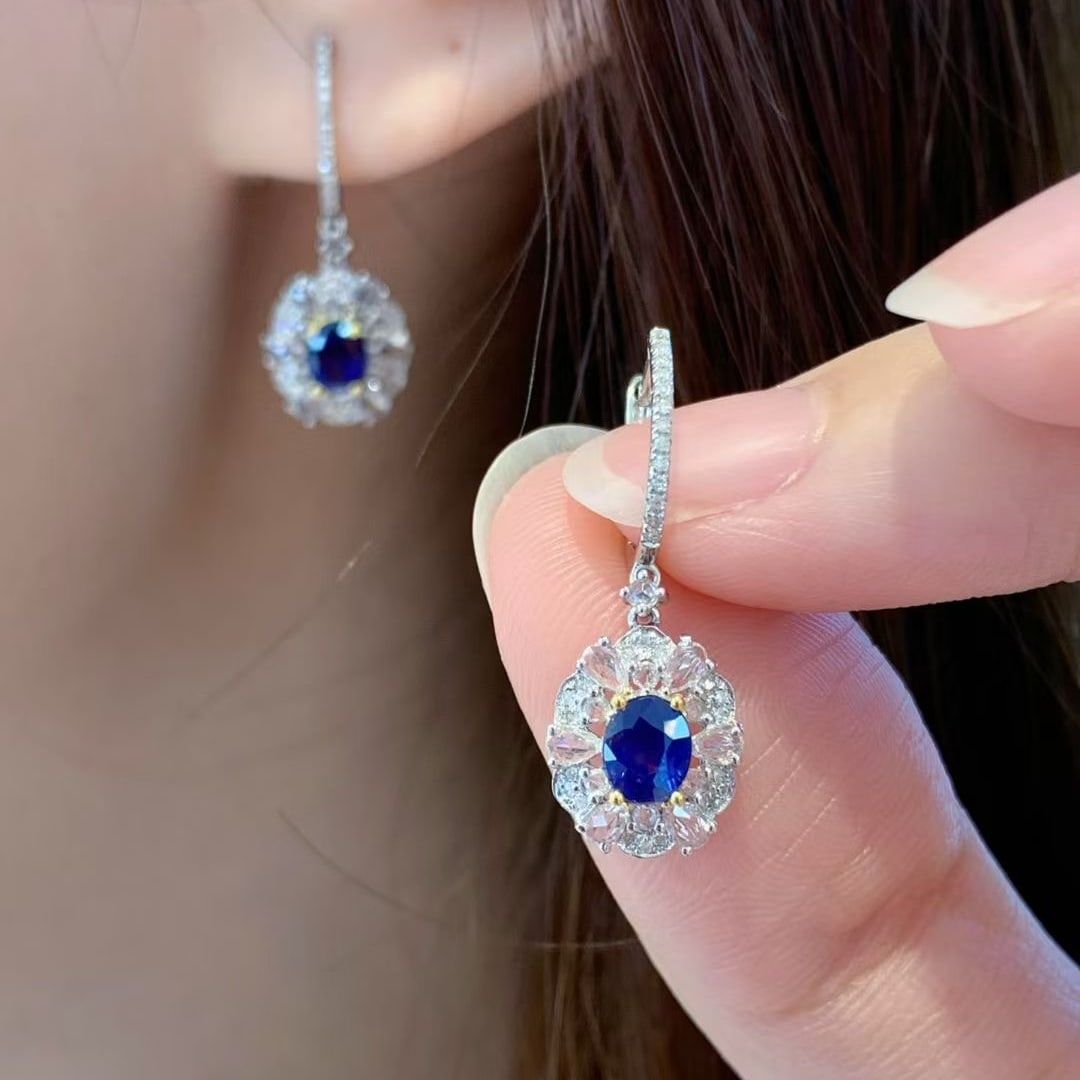 14k Gold 1.05 Ct Natural Sapphire & Diamond & Sapphire Earrings - 5