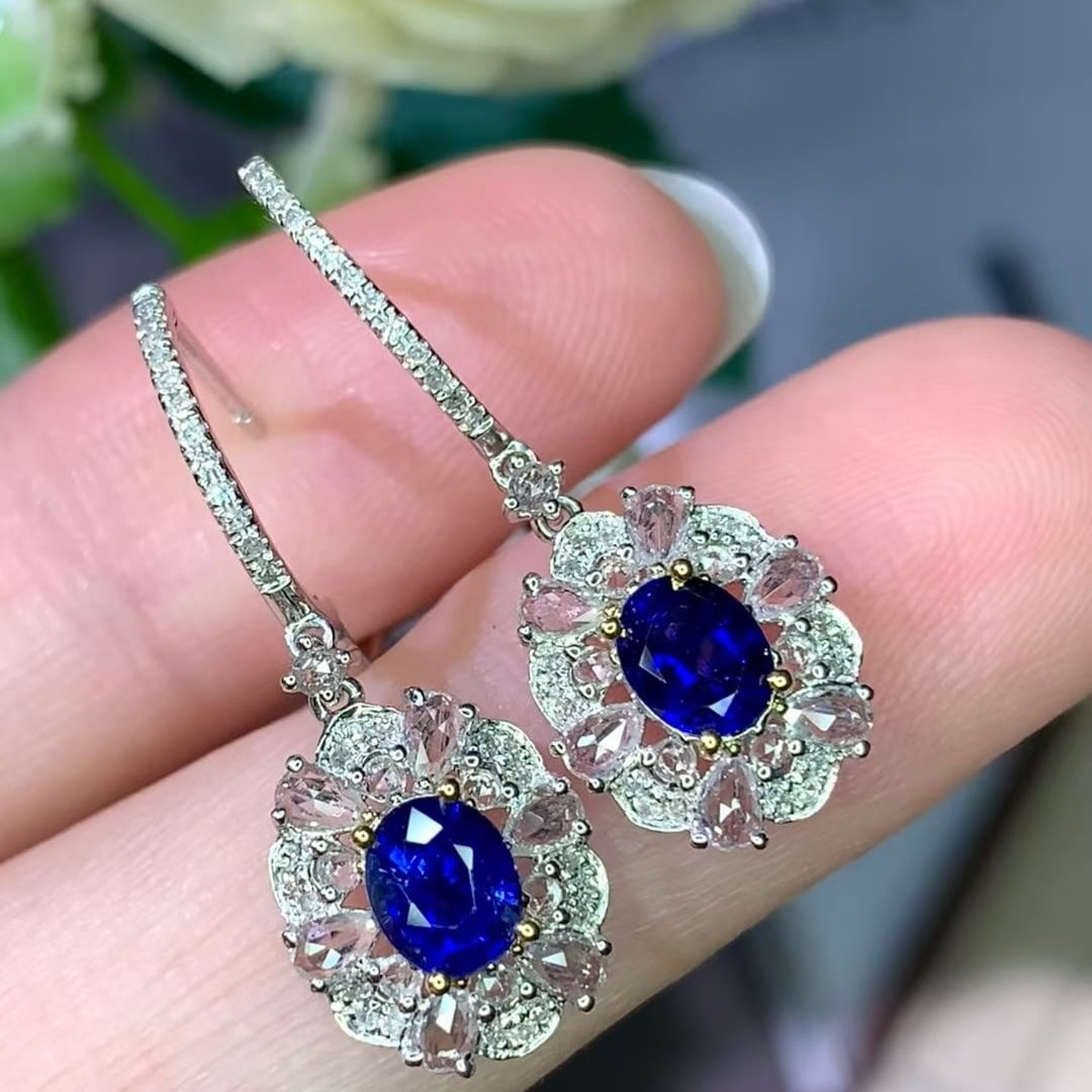 14k Gold 1.05 Ct Natural Sapphire & Diamond & Sapphire Earrings - 6