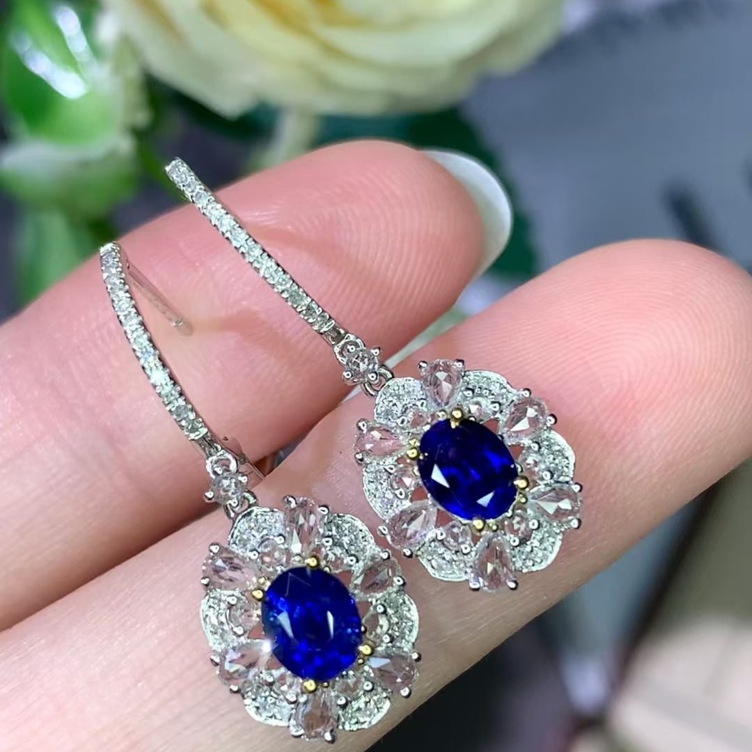 14k Gold 1.05 Ct Natural Sapphire & Diamond & Sapphire Earrings - 7