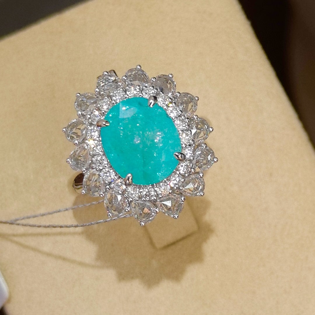 14k Gold 4.24 Ctw Natural Paraiba Tourmaline & Sapphire Ring/pendant( Without Chain ): Ref:231008148 // gold content:14k gold // ring size:7. 25us // // main gemstone:paraiba tourmaline // shape:oval // carat weight:2. 98ct // color:blue // treatment:natural // // adjacent gemstone 2 : 