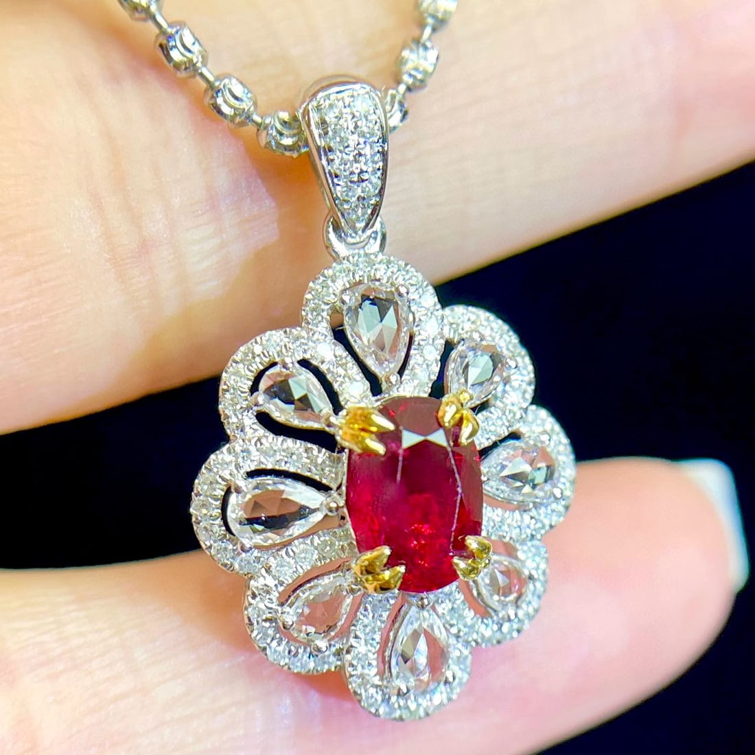 14k Gold 1.05 Ct Natural Ruby & Diamond & Sapphire Pendant( Without Chain ): Ref:231008165 // gold content:14k gold // main gemstone:ruby // shape:oval // carat weight:1. 05ct // color:red // treatment:natural // // adjacent gemstone 2 : diamond // shape:round // clarity grade