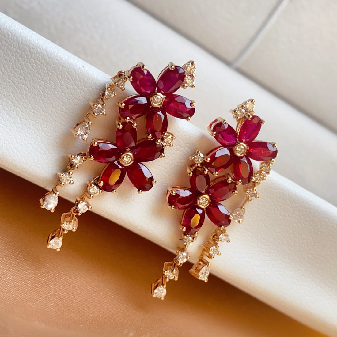 14k Gold 6.85 Ct Vivid Red Natural Ruby & Diamond Earrings - 2