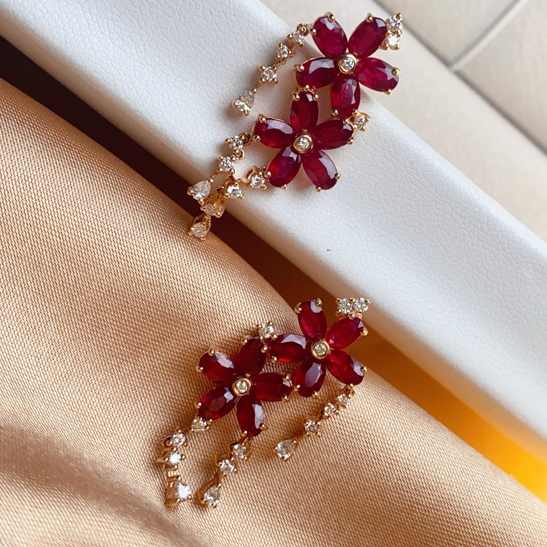14k Gold 6.85 Ct Vivid Red Natural Ruby & Diamond Earrings - 4