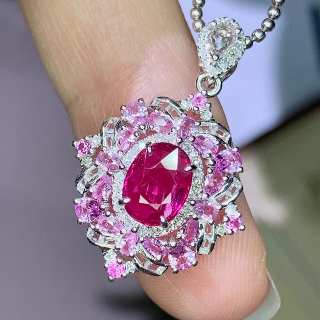 14k Gold 1 Ct Natural Ruby & Sapphire & Diamond Pendant( Without Chain ): Ref:231008169 // gold content:14k gold // main gemstone:ruby // shape:oval // carat weight:1ct // color:red // treatment:natural // // adjacent gemstone 2 : sapphire // shape:multiply // color:color