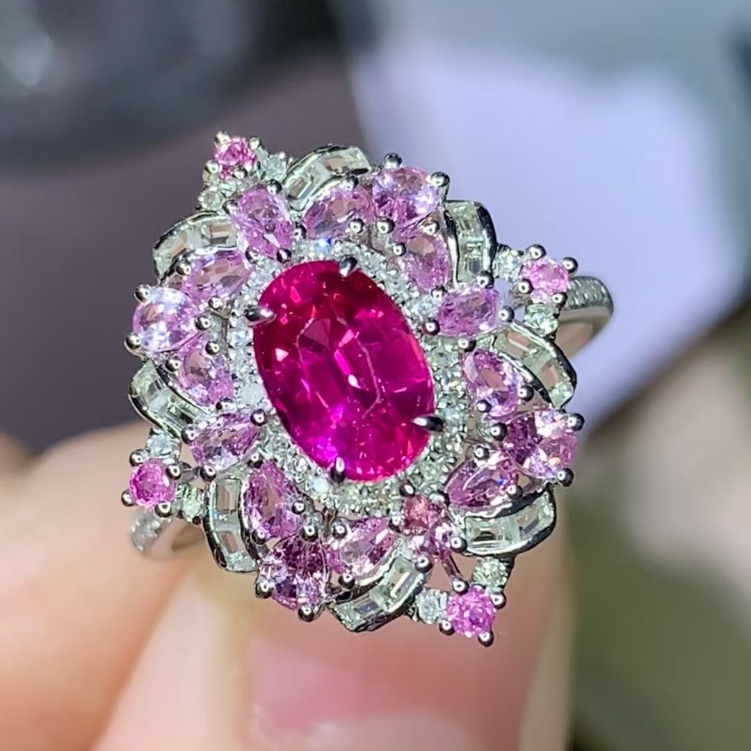 14k Gold 1.18 Ct Natural Ruby & Sapphire & Diamond Ring: Ref:231008170 // gold content:14k gold // ring size:7. 25us // // main gemstone:ruby // shape:oval // carat weight:1. 18ct // color:red // treatment:natural // // adjacent gemstone 2 : sapphire //