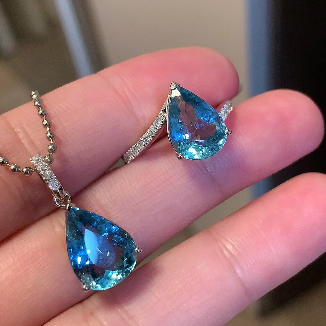 14k Gold 6.32 Ct Natural Aquamarine & Diamond Jewelry Set - 6