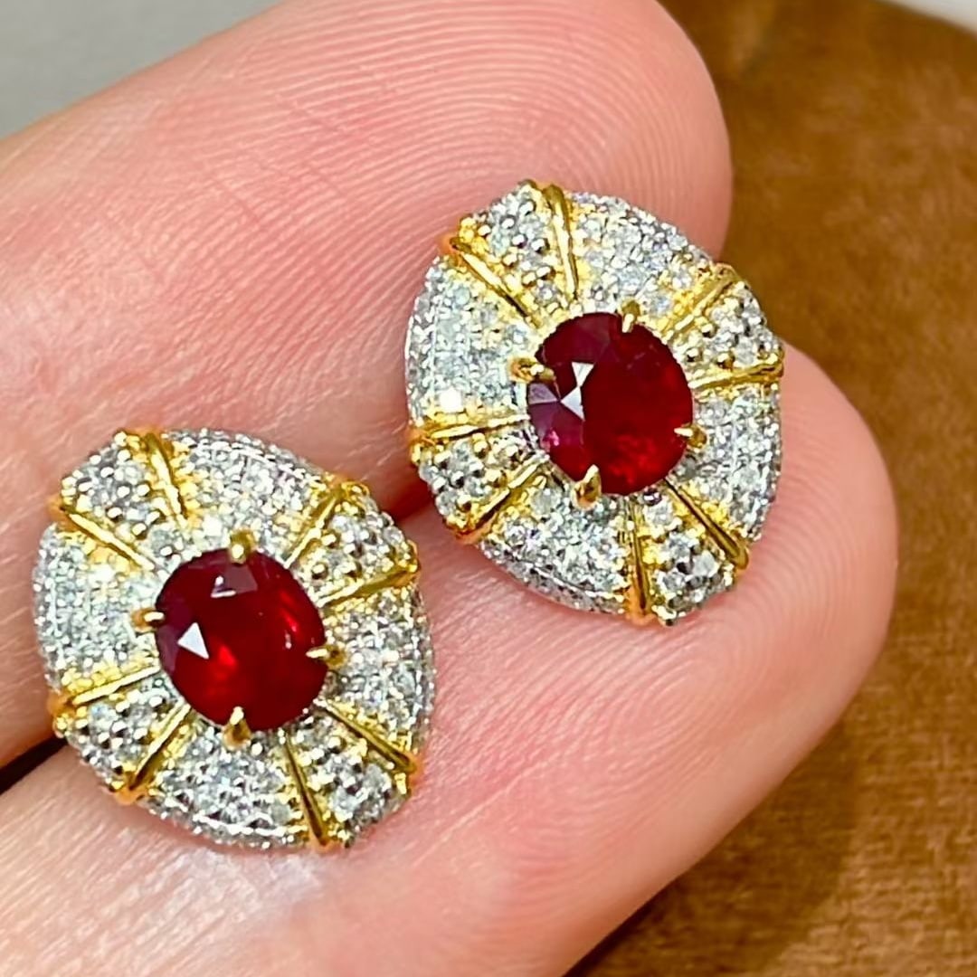 14k Gold 1 Ct Natural Ruby & Diamond Earrings - 2