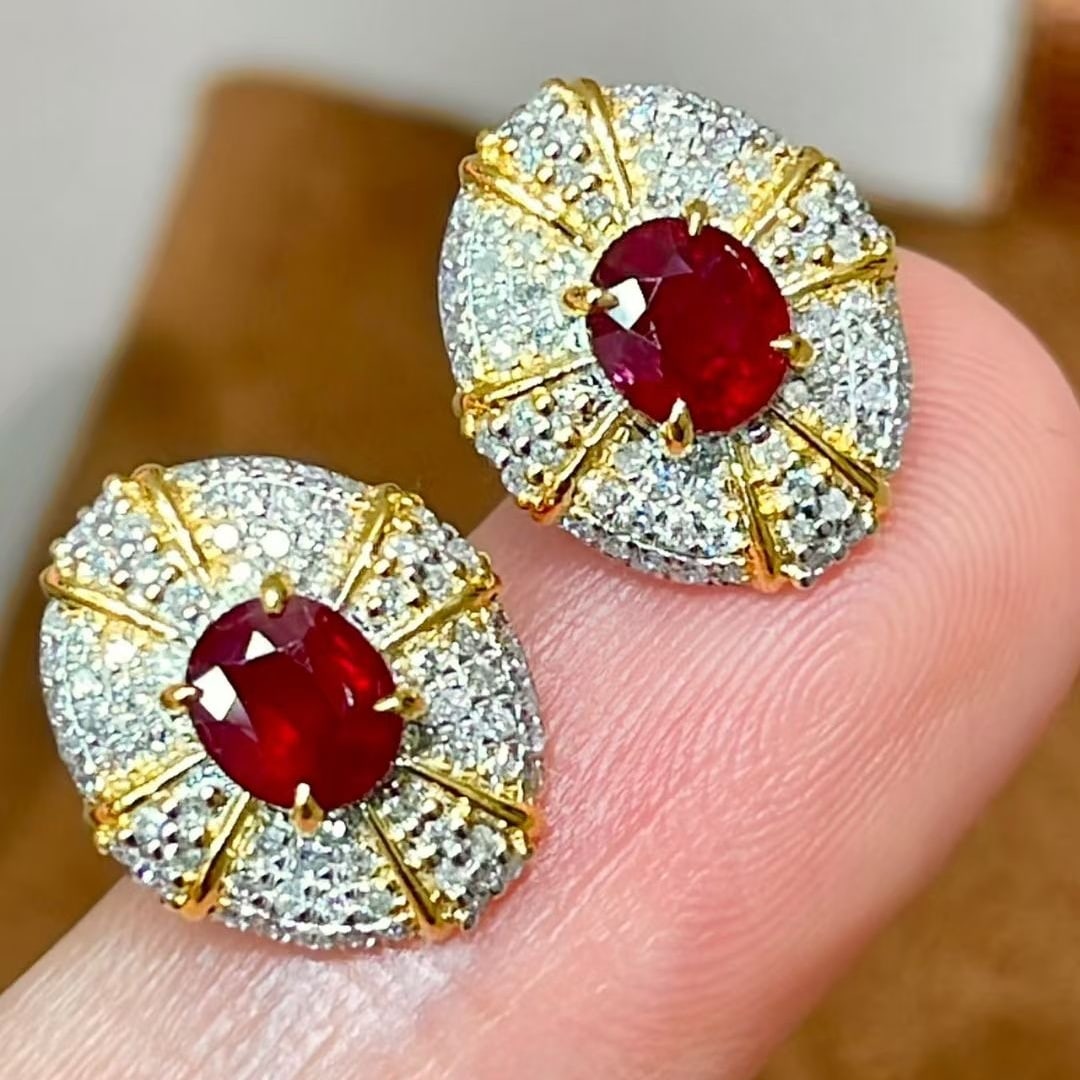 14k Gold 1 Ct Natural Ruby & Diamond Earrings - 4