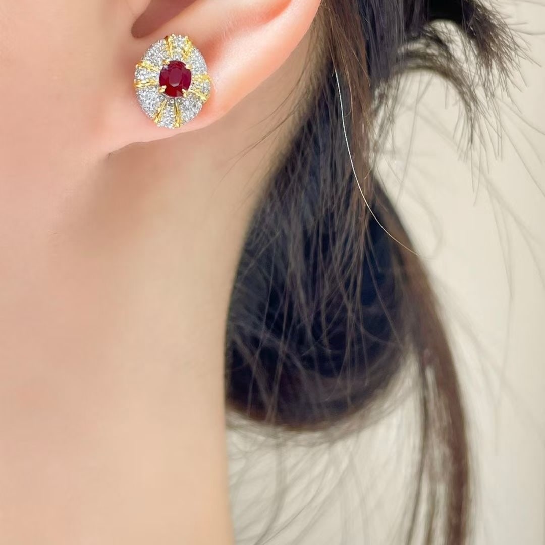 14k Gold 1 Ct Natural Ruby & Diamond Earrings - 5