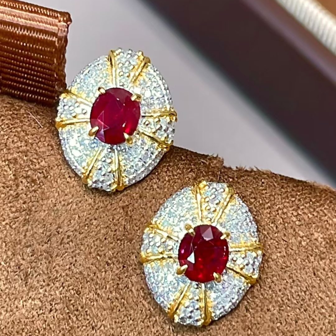 14k Gold 1 Ct Natural Ruby & Diamond Earrings - 6
