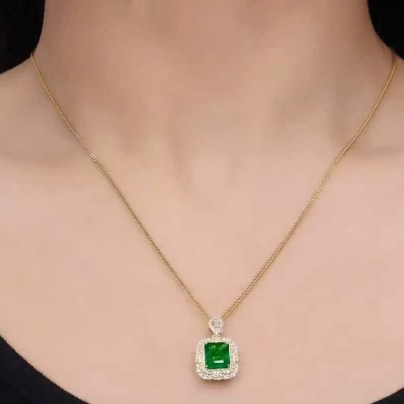 14k Gold 1.68 Ctw Vivid Green Natural Emerald & Diamond Pendant( Without Chain ) - 2