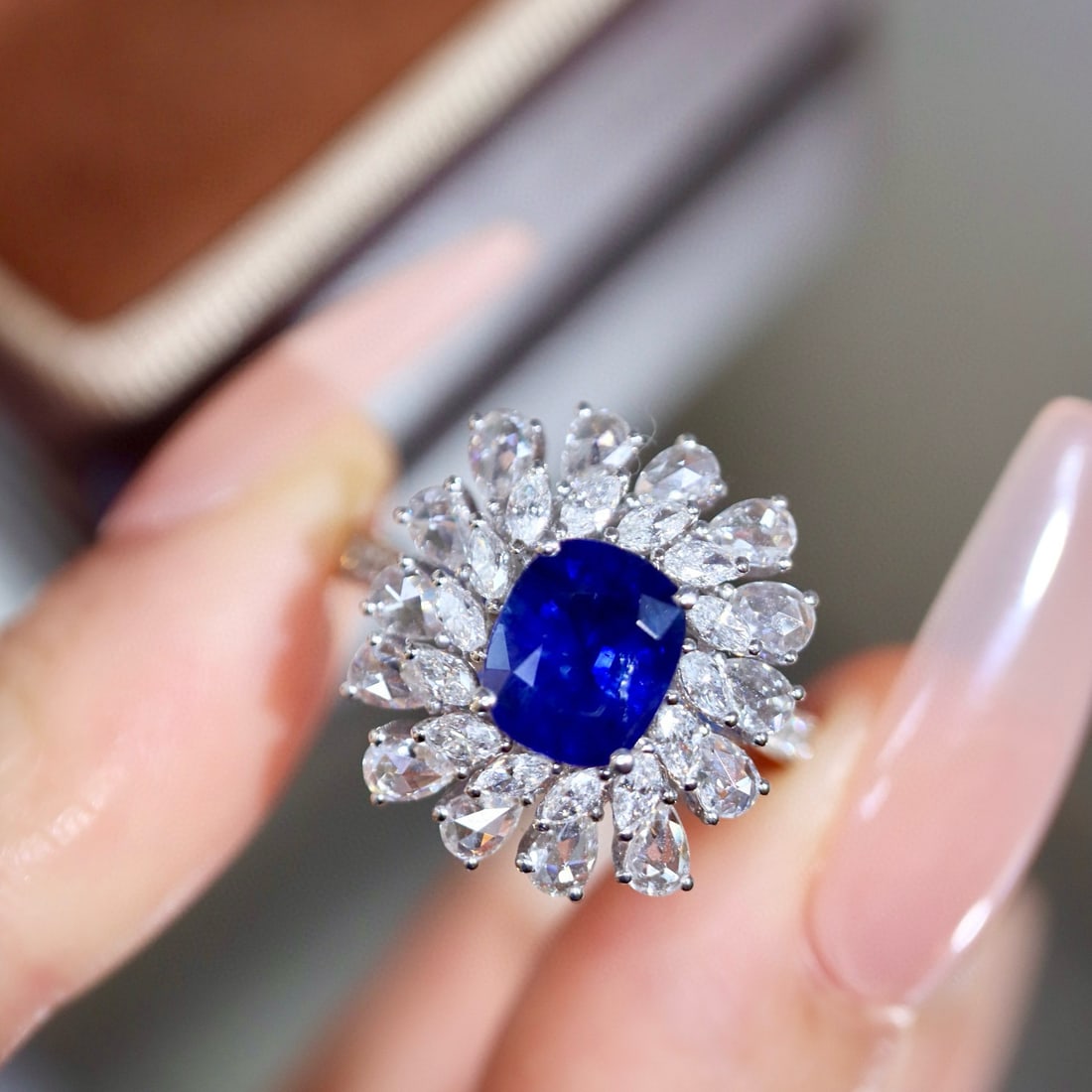 14k Gold 2.89 Ctw Natural Sapphire & Diamond Ring: Ref:231008206 // gold content:14k gold // ring size:7. 25us // // main gemstone:sapphire // shape:cushion // carat weight:1. 67ct // color:royal blue // treatment:natural // // adjacent gemstone 2 :