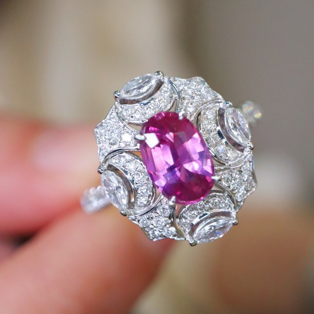 14k Gold 1.58 Ctw Natural Sapphire & Diamond Ring: Ref:231008208 // gold content:14k gold // ring size:7. 25us // // main gemstone:sapphire // shape:oval // carat weight:1. 08ct // color:pink // treatment:natural // // adjacent gemstone 2 : diamond
