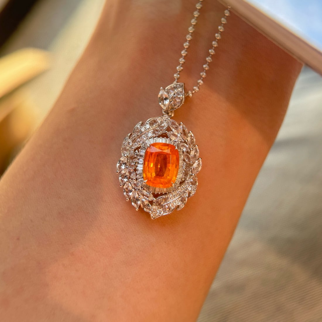 14k Gold 4.23 Ctw Natural Spessartine & Diamond Pendant( Without Chain ): Ref:231008226 // gold content:14k gold // main gemstone:spessartine // shape:cushion // carat weight:3. 80ct // color:orange // treatment:natural // // adjacent gemstone 2 : diamond // shape:multiply 
