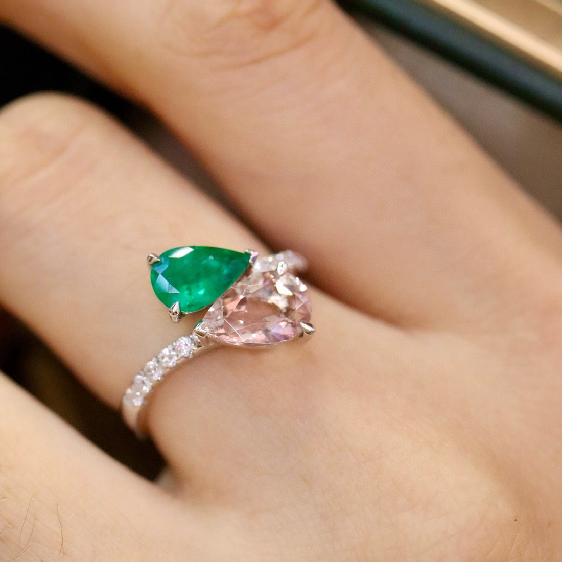 14k Gold 2.08 Ctw Natural Morganite & Emerald & Toi Et Moi Ring - 2