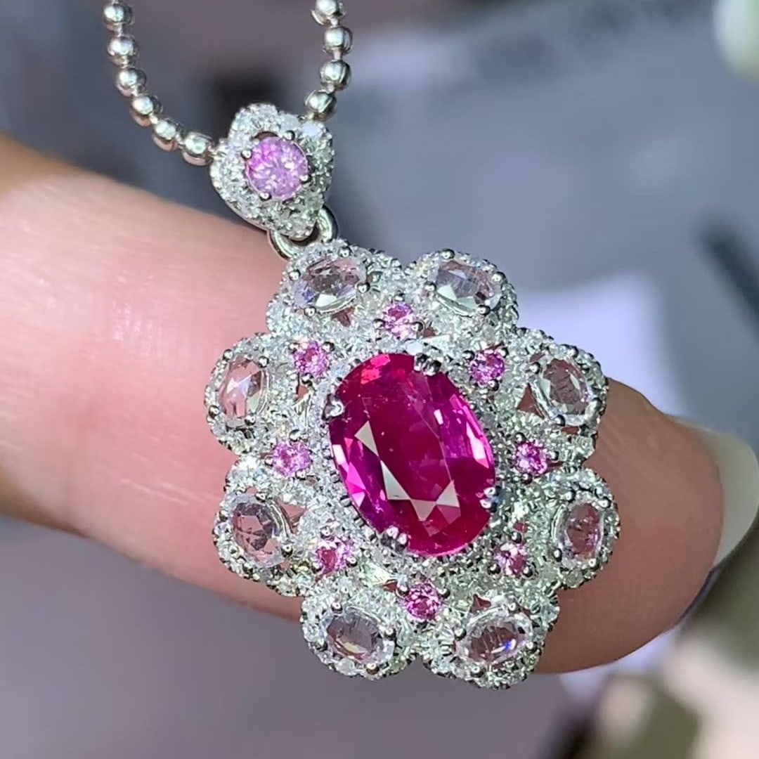 14k Gold 1 Ct Natural Ruby & Diamond & Sapphire Pendant( Without Chain ): Ref:231008239 // gold content:14k gold // main gemstone:ruby // shape:oval // carat weight:1ct // color:red // treatment:natural // // adjacent gemstone 2 : diamond // shape:round // clarity