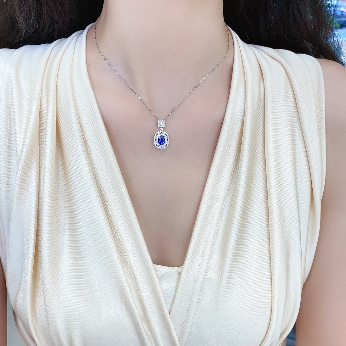 14k Gold 1.54 Ctw Natural Sapphire & Diamond Pendant( Without Chain ) - 2