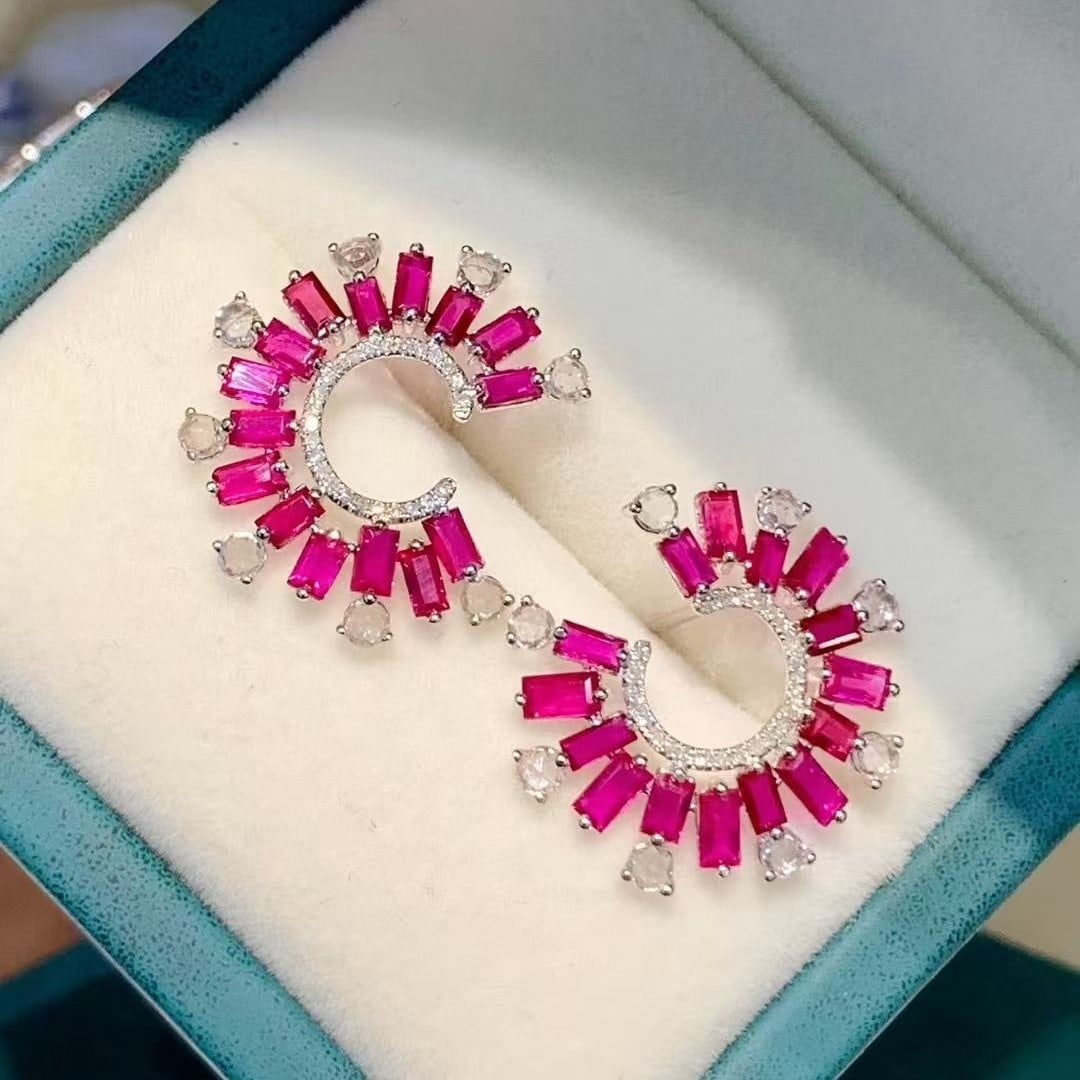14k Gold 3 Ct Natural Ruby & Diamond & Sapphire Earrings - 3