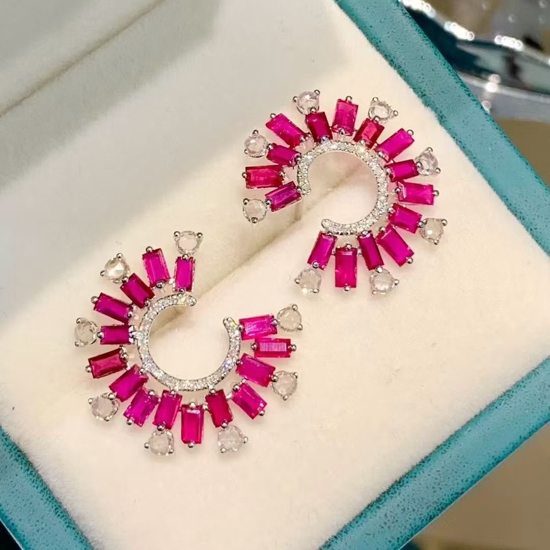 14k Gold 3 Ct Natural Ruby & Diamond & Sapphire Earrings - 6