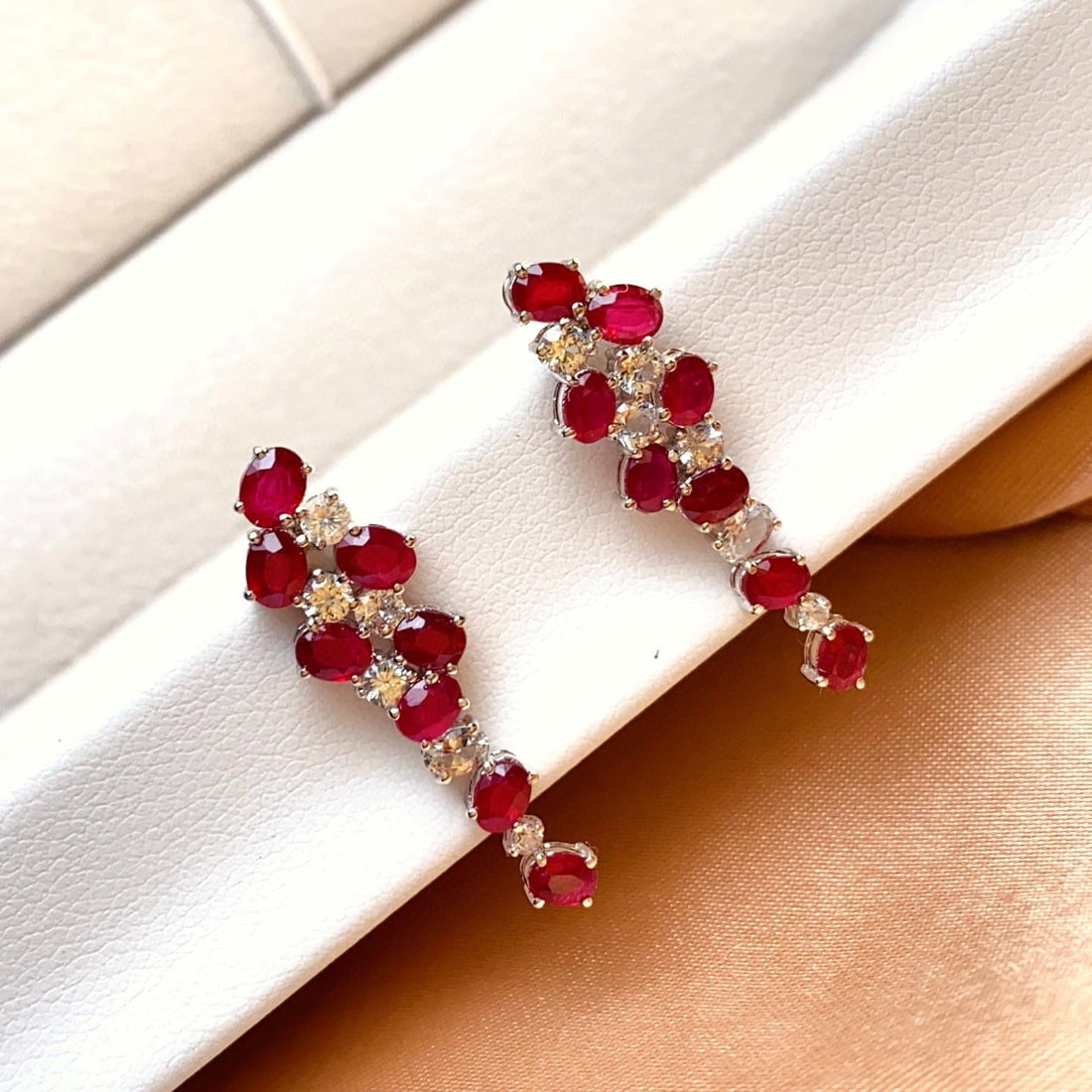 14k Gold 3.60 Ct Vivid Red Natural Ruby & Sapphire Earrings - 2