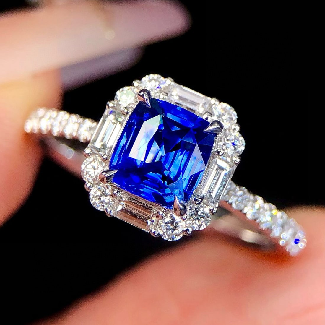 14k Gold 1.64 Ctw Natural Sapphire & Diamond Ring: Ref:231008281 // gold content:14k gold // ring size:7. 25us // // main gemstone:sapphire // shape:cushion // carat weight:1. 11ct // color:royal blue // treatment:natural // // adjacent gemstone 2 :