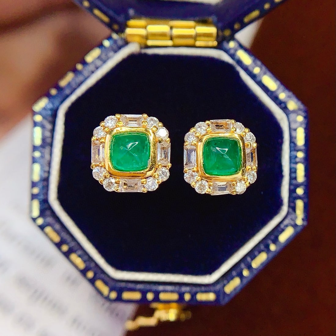 14k Gold 1 Ct Vivid Green Natural Emerald & Diamond & Sapphire Earrings - 5
