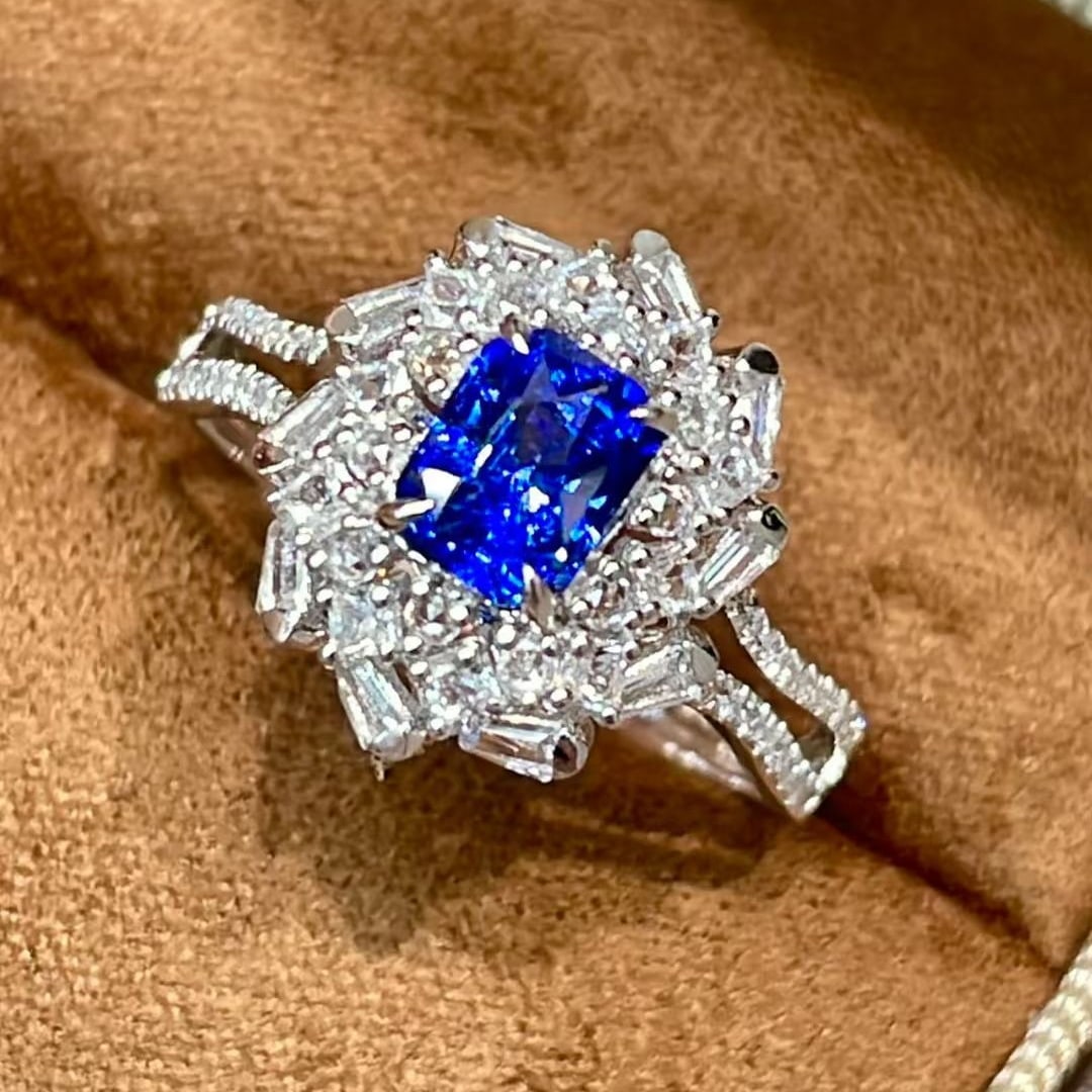 14k Gold 1.22 Ct Natural Sapphire & Diamond & Sapphire Ring: Ref:231008305 // gold content:14k gold // ring size:7. 25us // // main gemstone:sapphire // shape:octagonal // carat weight:1. 22ct // color:royal blue // treatment:natural // // adjacent gemstone 2