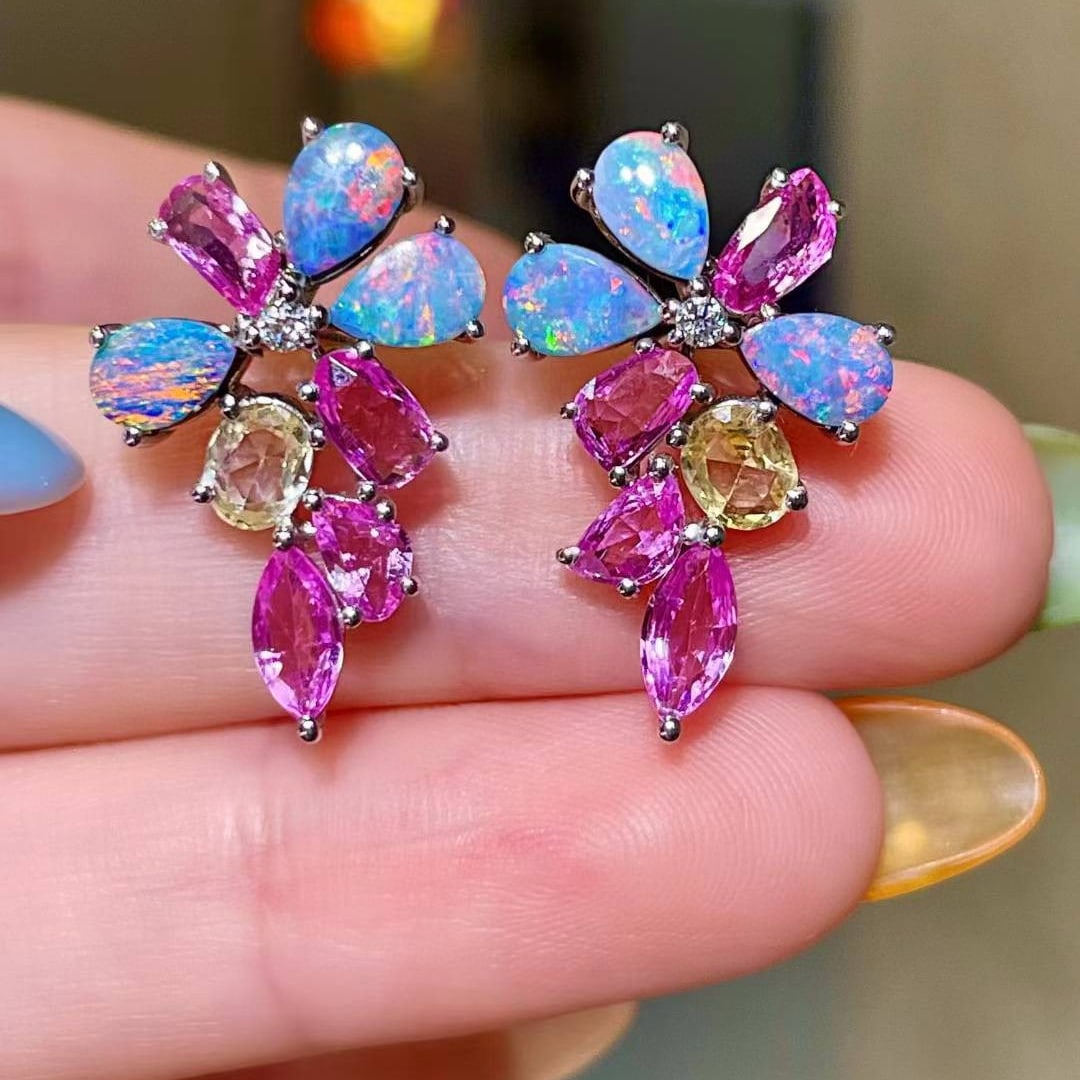 14k Gold 5.23 Ctw Natural Sapphire & Opal Earrings: Ref:231008311 // gold content:14k gold // main gemstone:sapphire // shape:multiply // carat weight:3. 12ct // color:color // treatment:natural // // adjacent gemstone 2 : opal // shape:pear // carat