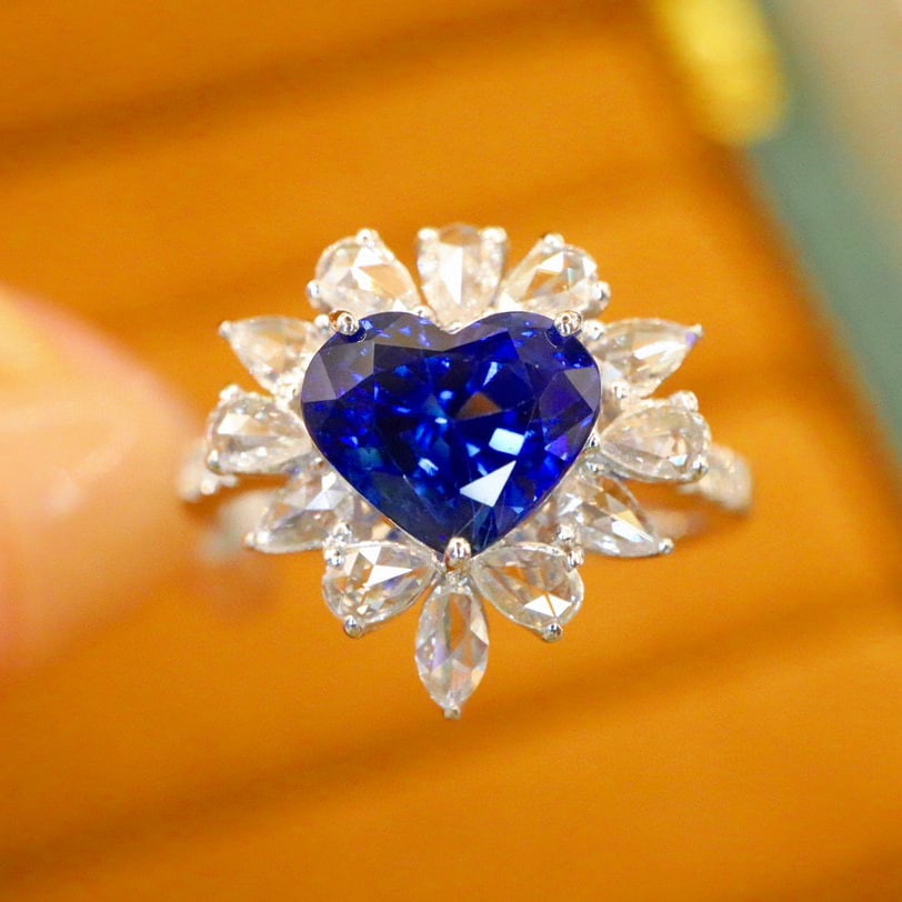 14k Gold 3.31 Ctw Natural Sapphire & Diamond Ring: Ref:231008351 // gold content:14k gold // ring size:7. 25us // // main gemstone:sapphire // shape:heart // carat weight:2. 75ct // color:royal blue // treatment:natural // // adjacent gemstone 2 :