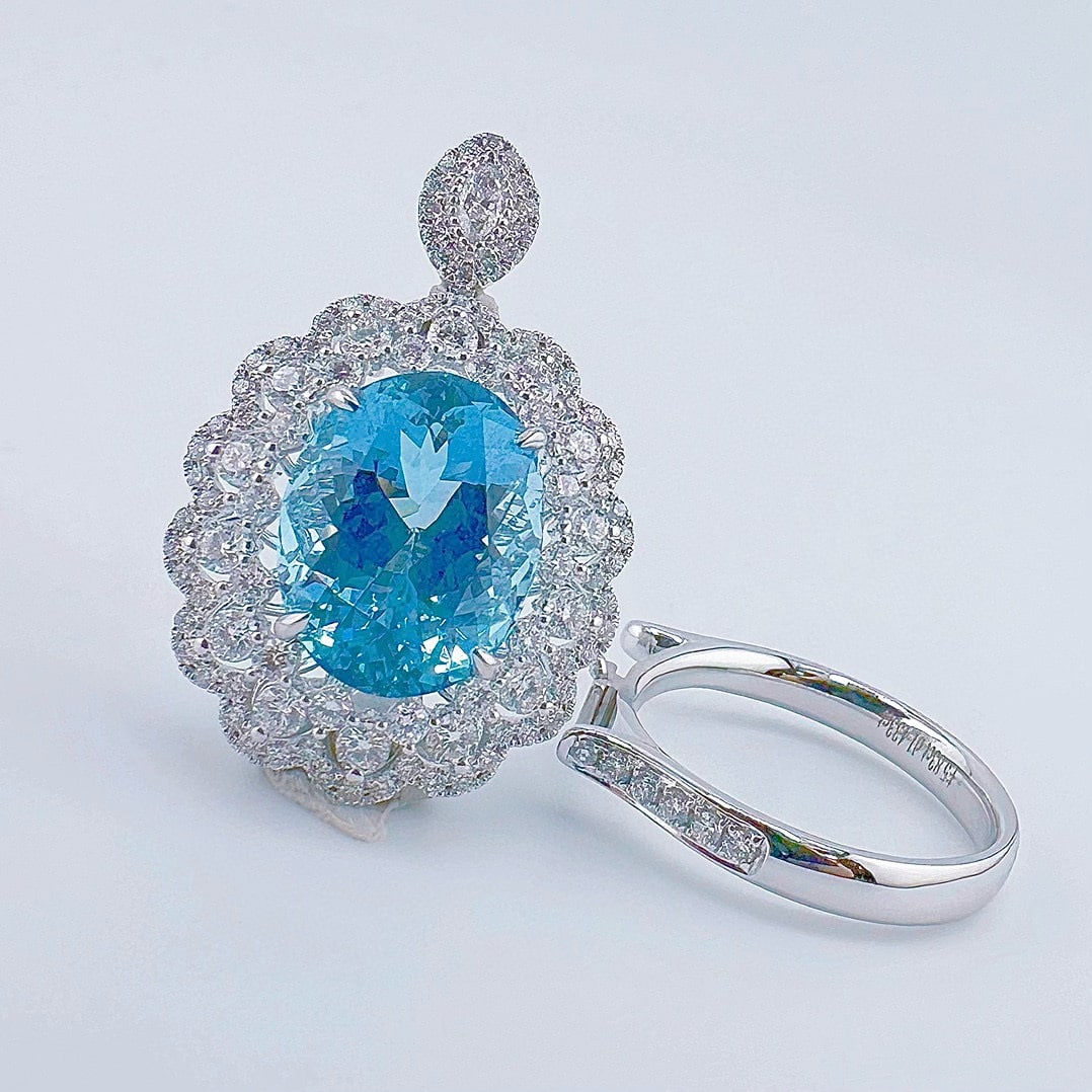 14k Gold 7.26 Ctw Natural Aquamarine & Diamond Ring/pendant( Without Chain ) - 4