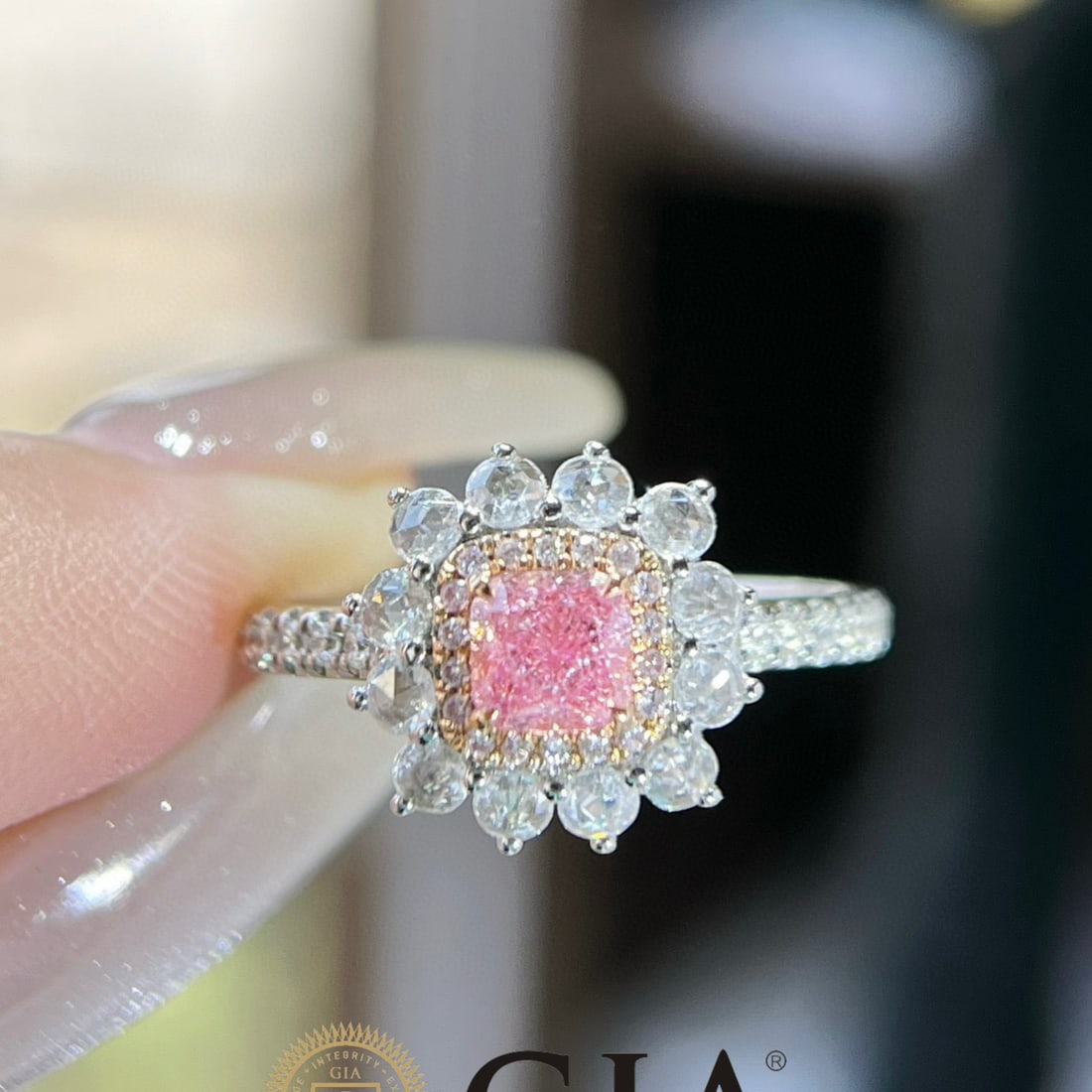 Gia Certified 14k Gold 0.98 Ctw Natural Pink Diamond & Diamond Ring: Ref:231008378 // gold content:14k gold // ring size:7. 25us // // main gemstone:pink diamond // certified:gia // shape:cushion // carat weight:0. 51ct // clarity grade:si1 // color:pink //