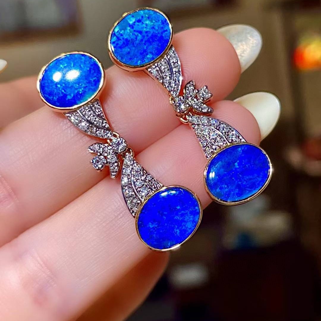 14k Gold 6.36 Ctw Natural Opal & Diamond Earrings - 2