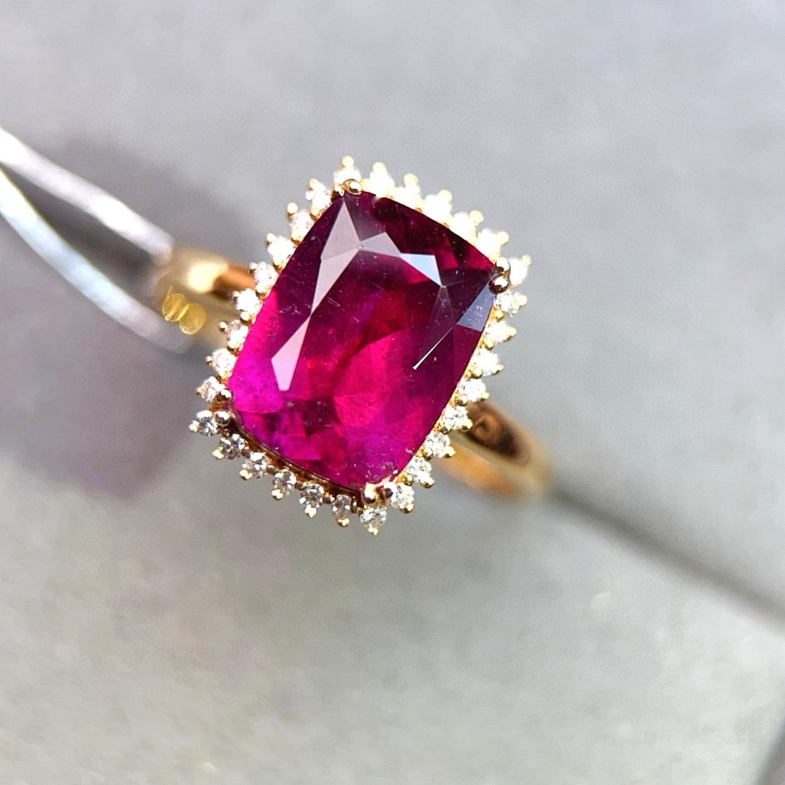 14k Gold 3.05 Ctw Natural Tourmaline & Diamond Ring: Ref:231008396 // gold content:14k gold // ring size:7. 25us // // main gemstone:tourmaline // shape:cushion // carat weight:2. 9ct // color:red // treatment:natural // // adjacent gemstone 2 :