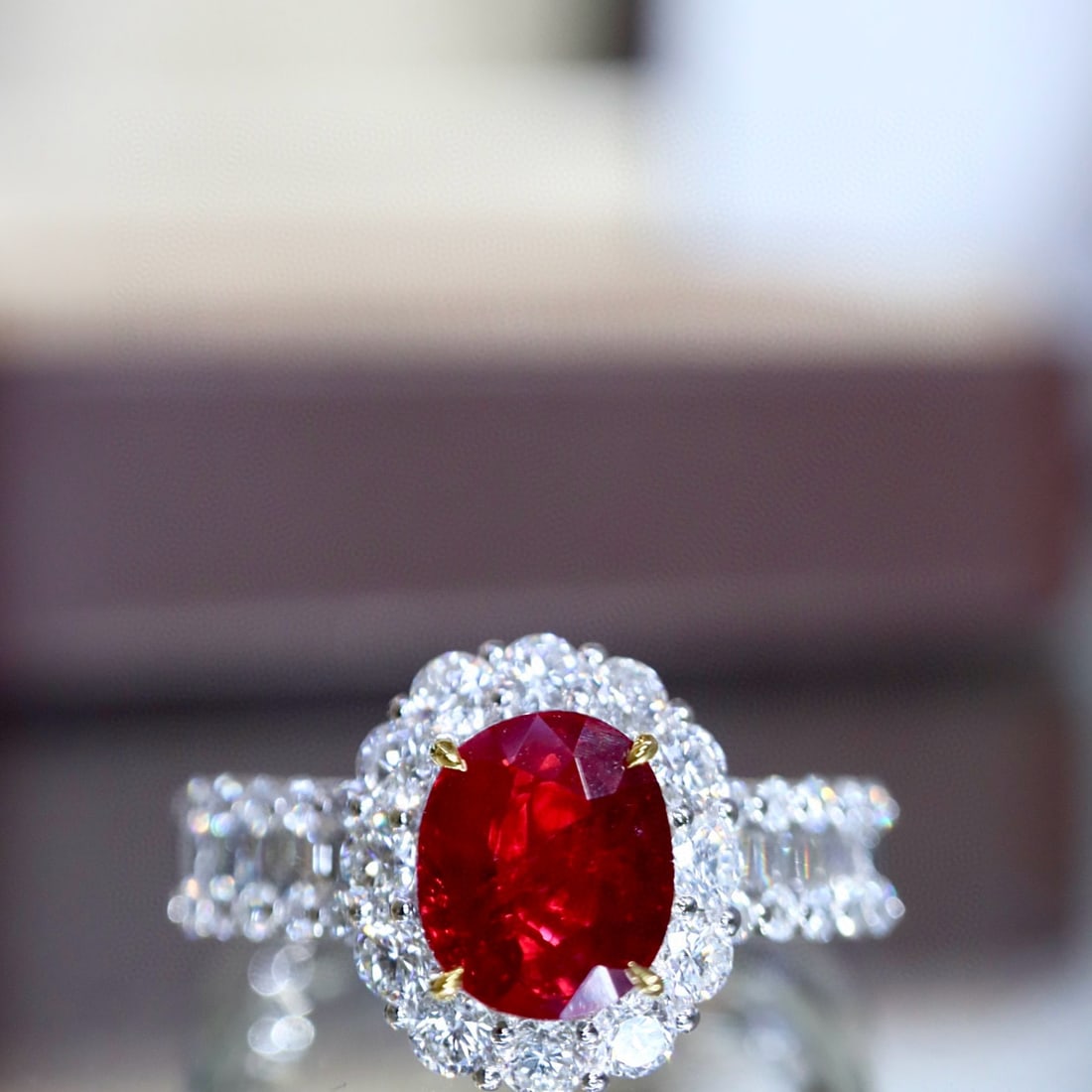14k Gold 1.79 Ctw Vivid Red Natural Ruby & Diamond Ring: Ref:231008402 // gold content:14k gold // ring size:7. 25us // // main gemstone:ruby // shape:oval // carat weight:1. 01ct // color:vivid red // treatment:natural // // adjacent gemstone 2 : diamond /
